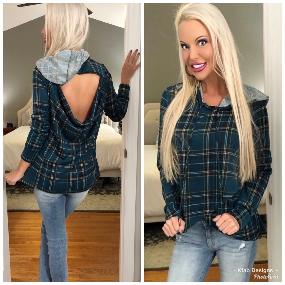 🛍LAST 1! ☀️Back Cut Out Plaid Hoodie! - Picture 5 of 6